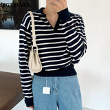 Christmas Gift BGTEEVER Casual Loose V-neck Striped Women Sweater Autumn Winter Knitwear Long Sleeve Knitted Female Pullovers Jumpers 2021