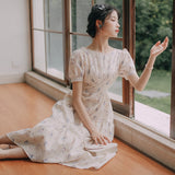 Kukombo Summer Short Sleeve Chiffon Fairy Dress Women 2022 Round Neck Elegant Beaded Backless Sexy Print Lace Puff Sleeve Sweet Vestido