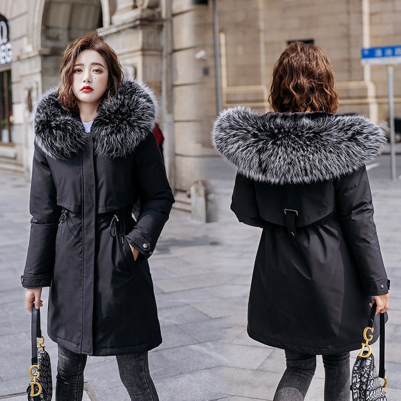 Christmas Gift Winter Jacket Women Parkas 2021 New Thicken Warm Casual Long Coat Fur Lining Cotton Fur Collar Warm Hooded Parkas Plus Size 6XL