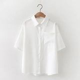 Kukombo Women White Blouses Short Sleeve White Shirt Summer Tops Lapel Solid JK Shirts Korean Casual Female Blusas Preppy Style