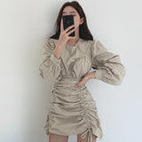 Christmas Gift Korean Chic French neck dress woman Pleated Design Waist Down Slim Irregular Drawstring Bubble Sleeve Dress