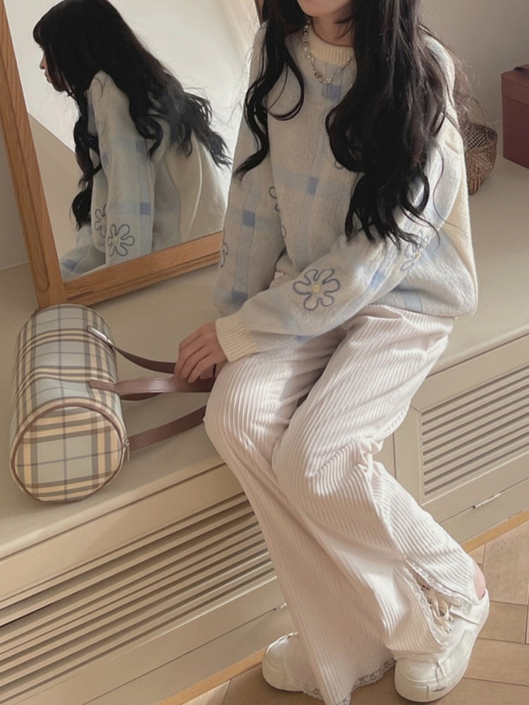 Kukombo Pink Kawaii Lolita Pants Female Lace Japanese Long Trousers Women Sweet Cute Slim Bell-Bottoms Korean Clothing Autumn Winter New