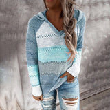 Kukombo 2022 New Female Hoodies Autumn Women Patchwork Hooded Sweater Long Sleeve V-neck Knitted Sweater Casual Striped Pullover Jumpers