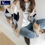 Christmas Gift Plaid Knitted Women Sweater 2021 Winter Fashion V-Neck Single Breasted Female Cardigans Long Sleeve Loose Ladies Sweater