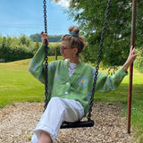 Christmas Gift Harajuku Girls Sweet Green Flower Cropped Cardigan Women Oversized Batwing Sleeve Sweater Knitwear Autumn Winter Warm Knit Coats