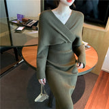 Christmas Gift Elegant V-neck Bodycon Knitted Dress for Women Autumn Winter Full Sleeve Slim Waist Female Sweaters Vestidos Fashion A-Line Robe