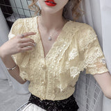 Kukombo Christmas Gift Summer New French Tops Ruffle Stitching Shirt Female V-neck Hollow Lace Blouse Women Short Sleeve Crochet Blouse