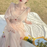 Kukombo Vintage Flower Fairy Midi Dress Women French Mesh Backless Design Long Dress Female Summer Classy Holiday Beach Party Dress 2022