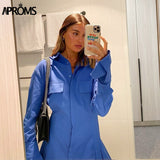 Christmas Gift Aproms Elegant Blue Cotton Shirt Dress Women Spring 2021 High Fashion Solid Color Flared Sleeve Bodycon Mini Dresses OL Vestidos