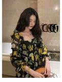 Kukombo One Piece Dress Fairy Floral Midi Dress Women Puff Sleeve Elegant Vintage Dress Female Party Dress Lady 2022 Summer Traf Robe