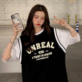 Kukombo 2022 Summer New Womens T-shirt Fake Two-piece Short Sleeve Tshirt Korean Loose Student Short-sleeved Ins Tide Top Kawaii Clothes