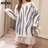 Kukombo Aproms Korean Fashion Khaki Stripes Print Loose Sweaters Women Winter Hip-Pop Oversized Long Pullovers Streetwear Outerwear 2022 K23