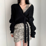 Kukombo Women Sweater Oversized Cardigan 2021 Fall Long Sleeve Coarse Yam Knitted Solid Plus Size Clothes V Neck Casual Lace Up