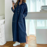 KukomboWomen's Autumn Long Sleeve Denim Shirt Dress Button Pocket Jeans Maxi Dresses Casual Loose Female Street Wear Denim Robe