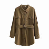 Kukombo Solid Color Casual Shirt Women's Belt Wide Loose Belt Blouse Coat Fashion Buttoned Single Breasted All-Match Chic Tops