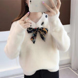 Christmas Gift 2021 New Autumn Winter Women Sweaters Knitted Jumper Bow Tie Pullovers Casual Sweaters Long Sleeve Slim Sweater Femme Pull P800