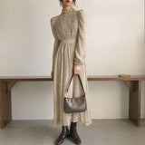 Christmas Gift BGTEEVER Vintage Stand Collar Ruched Sleeve A-line Dress Women Floral Print Elastic Waist Female Dress Spring Vestidos femme 202