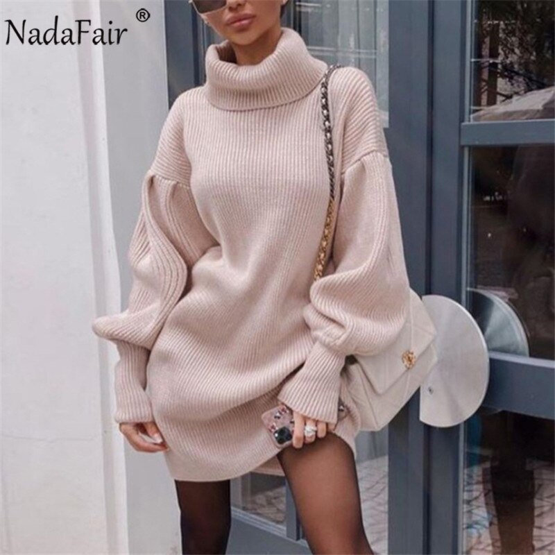 Nadafair Turtleneck Warm Women Sweater Dress Wrap Mini Vintage Lantern Sleeve Autumn Casual Solid Knitted Winter Dress