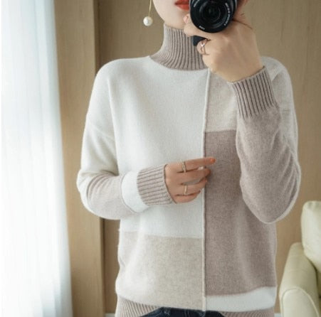 New Cashmere Sweater Women's High-Neck Color Matching 100% Pure Wool Pullover Fashion Plus Size Warm Knitted Bottoming Shirt fx0620