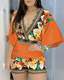 Kukombo Deep V Neck Floral Half Sleeve Romper Women Playsuits Summer Casual One Piece Overalls