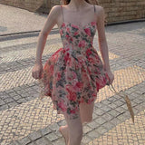 Christmas Gift Mini Dresses Women Sexy Stylish Spaghetti-strap Summer Leisure Princess Style Printing Sweet High Waist Korean Holiday Sundress