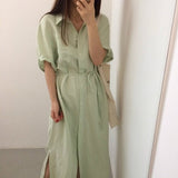 Kukombo New 2022 Women Summer Shirt Dress Single Breasted Oversize Korean Style Vintage Split Lace Up Pure Long Dress DR2628