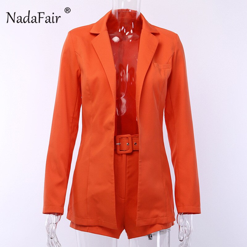 Nadafair Blazer Femme 2021 Women 2 Piece Set Autumn Winter Cardigan Blazer And Shorts with Belt Elegant Office Casual Blazer Set