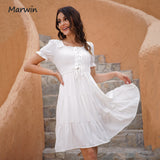 Christmas Gift Marwin Long Simple Casual Solid Draw String Puff Sleeve Holiday Style High Waist Fashion Knee-Length Summer Dresses NEW Vestidos
