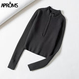 Christmas Gift Aproms Elegant High Neck Zipper Front Knitted Sweater Women Solid Basic Cropped Pullover Winter Spring Fashion Clothing Top 2021