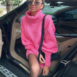 Turtleneck Warm Women Sweater Dress Wrap Mini Vintage Lantern Sleeve Autumn Casual Solid Knitted Winter Dress-1118