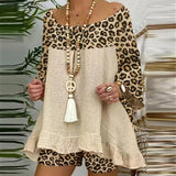 Summer Vintage Leopard Patchwork Outfits Set Cotton Linen Shirt Tops And Loose Shorts Suit Casual 3/4 Sleeve Women Two Piece Set-0406
