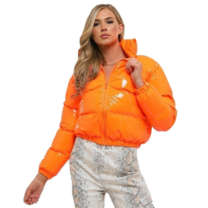 Kukombo Women Winter Coat PU Short Orange Puffer Jacket Bubble Fashion