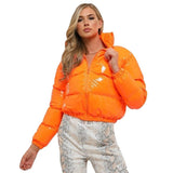 Kukombo Women Winter Coat PU Short Orange Puffer Jacket Bubble Fashion Glossy Shiny Cotton Padded Standard Collar Warm Outwear