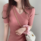 Christmas Gift Korean chic temperament dress shows thin V-neck dresses slim pit bar buttocks small screw thread cool silk knitted dress female