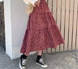 Kukombo Vintage Pleated Skirt Cute Girls Winter Corduroy Long Skirts Women High Waist A-line Flower Print Maxi Skirt Female Streetwear