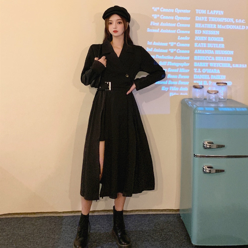 Kukombo Vintage Punk Bandage Maxi Dresses for Women Streetweear Balck Long Blazer Dress with Belt Korean Fashion Style Long Sleeve Dress K66