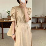 Kukombo New 2022 Women Summer Dresses Lace Up Vintage Puff Sleeve High Waist Elegant Korean Style Pure Lady Long Dress DR1338