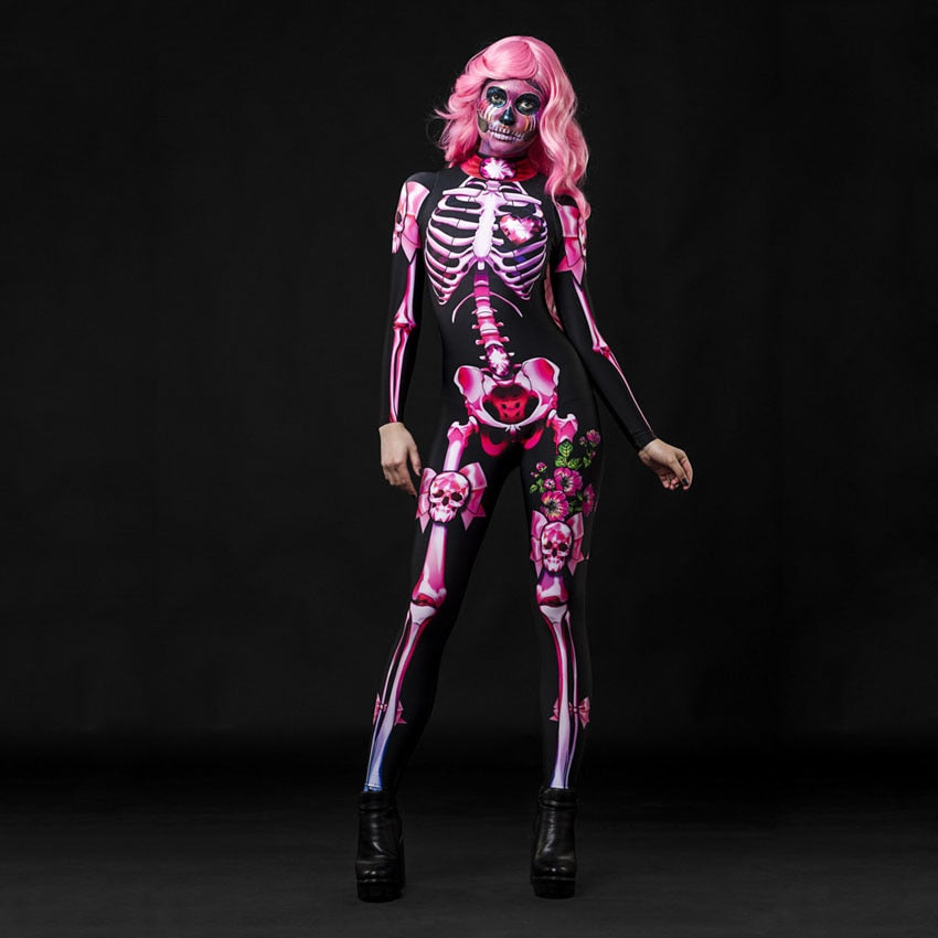 Halloween Kukombo Adult Kid Mother Daughter Halloween Skeleton Cosplay Jumpsuit Pink Rose Women Sexy Skull Scary Costume Girl 3D Print Bodysuit