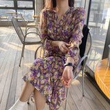 Christmas Gift BGTEEVER Elegant Spring Summer Dress for Women Chic V-neck Floral High Waist Female Dress 2021 Purple Chiffon Vestidos femme