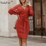 Nadafair V Neck Tunic Sweater Dress 2020 Mini Sexy Lace Parchwork Cut Autumn Winter Solid Knitted Elegant Party Dress Women
