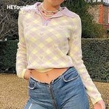 Christmas Gift HEYounGIRL Plaid Casual Cropped Knitted Sweater Women Kawaii Autumn Long Sleeve Jumpers Pullover Korean Fashion Cute Tops