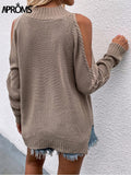 Christmas Gift Aproms Elegant Cold Shoulder Knitted Loose Sweaters Women 2021 Autumn Winter Side Split Pullovers Streetwear Fashion Jumpers Top