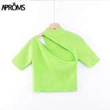 Christmas Gift Aproms Candy Color High Neck Ribbed Knitted T-shirt Women Sexy Short Sleeve Strench Tshirt Ladies Streetwear White Crop Top 2021