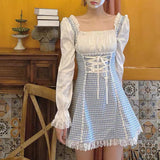 Kukombo Sweet Girl French Vintage Gentle Fairy Lace Dress Square Collar Puff Sleeve Bandage Elegant Kawaii Woman Cute Lolita Plaid Dress