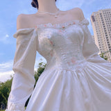 Kukombo Fairy Dress Retro Square Collar Floral Vestidos Sweet Robe Femme White Dress Party Elegant Bridesmaid Dress High Quality Female