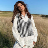 Christmas Gift HEYounGIRL Plaid V Neck Vintage Sweater Vest Casual Elegant Sleeveless Jumpers Pullover Autumn Knitted Top Winter High Street