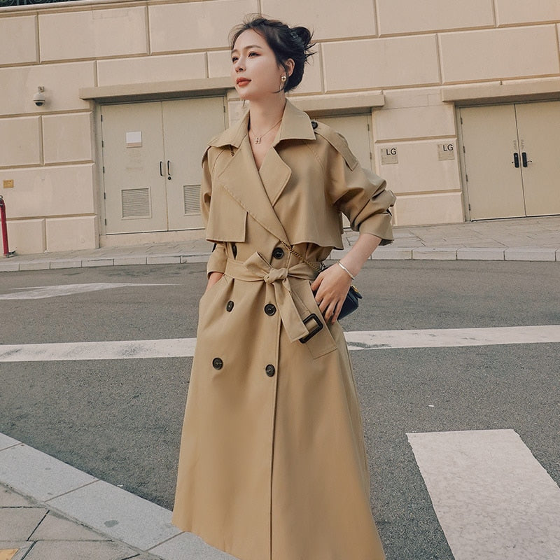 Christmas Gift Brand New Spring Autumn Long Women Trench Coat Double Breasted Belted Storm Flaps Khaki Dress Loose Coat Lady Outerwear Fashion