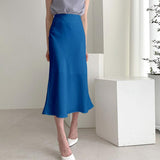 Kukombo Satin High Waist Skirts Women New Soft Smooth Silk Office Lady Basic Midi Skirt Chic Elegant Glossy Long Skirt-1118