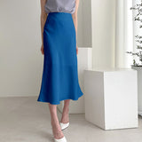Kukombo Satin High Waist Skirts Women New Soft Smooth Silk Office Lady Basic Midi Skirt Chic Elegant Glossy Long Skirt