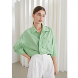 Christmas Gift FANSILANEN Office Lady Lazy Loose Casual Green Shirt Women's Summer Three-quarter Sleeve Design Niche Chic White Tops